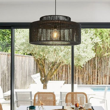 Handwoven Twine Shade Rustic Drum Pendant Light