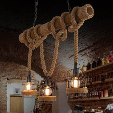 Three Headed Rustic Wooden Rope Pendant Light