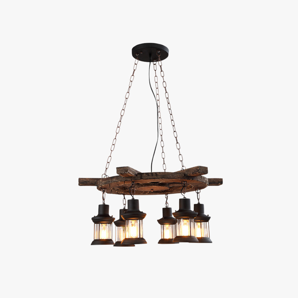 Wood And Metal Six-Head Vintage Pendant Lamp Ambience