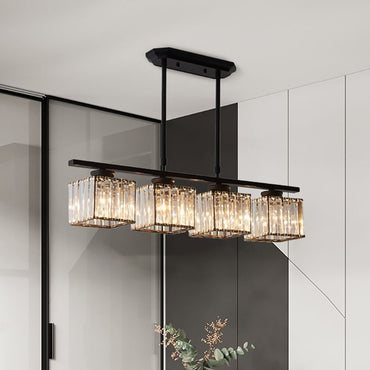 Black Gold 3 Head Crystal Square Pendant Light For Dining
