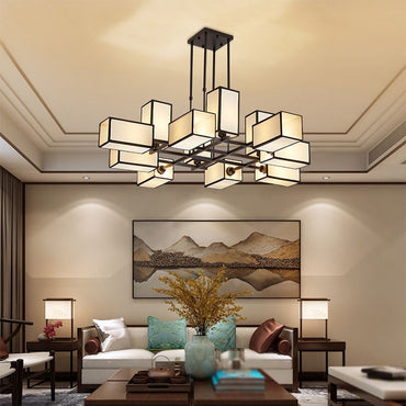 Metal and Fabric Square Retro Pendant Light for Living Rooms