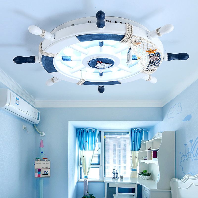 Kids Metal Flush Mount Ceiling Light In Nautical Blue And White