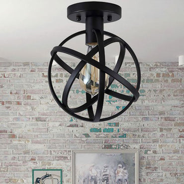 Black Metal Flush Mount Retro Globe Lantern Ceiling Light