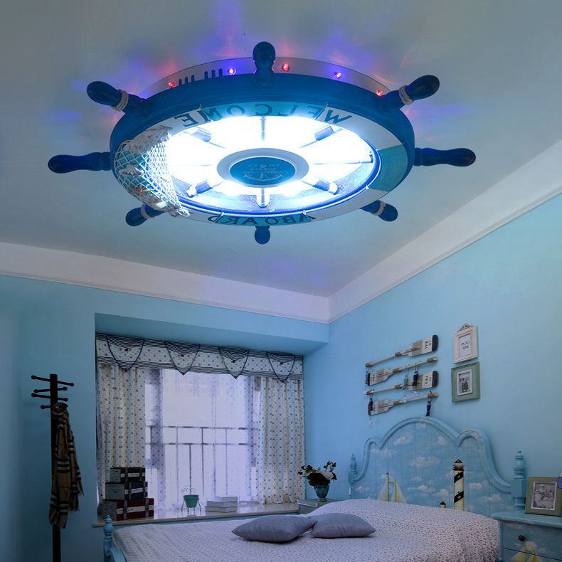 Kids Metal Flush Mount Ceiling Light In Nautical Blue And White