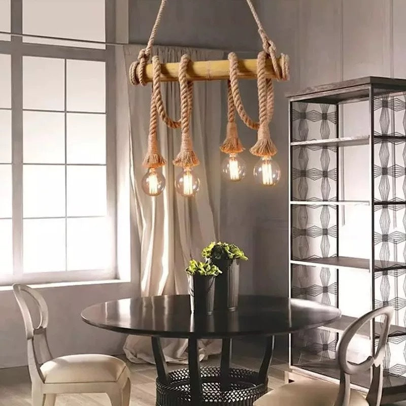 Cozy Living Room Pendant Light in Vintage Wood and Rope
