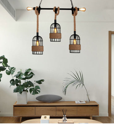 Black Metal Retro LED Pendant Light With Rope Detail
