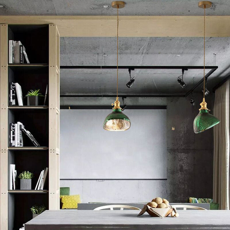 Green Glass Retro LED Pendant Light For Dining Room