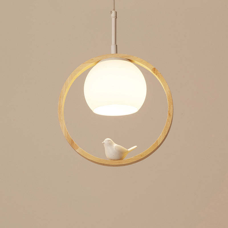 Milky Glass Shade Pendant Light With Oak Wood
