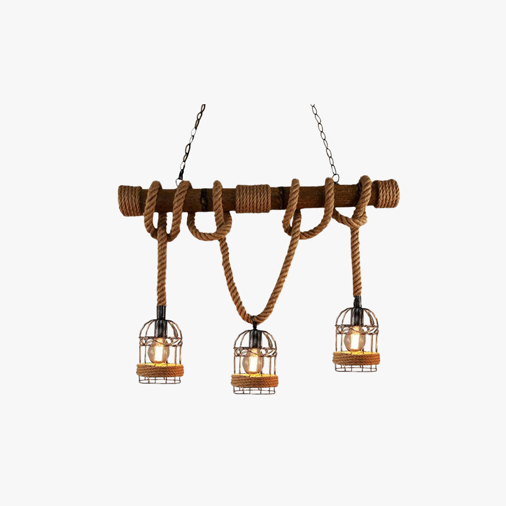 Three Headed Rustic Wooden Rope Pendant Light