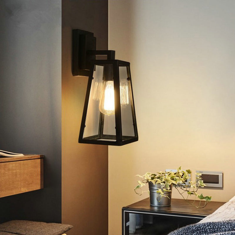 Black Retro Industrial Wall Lantern Featuring Glass Panels