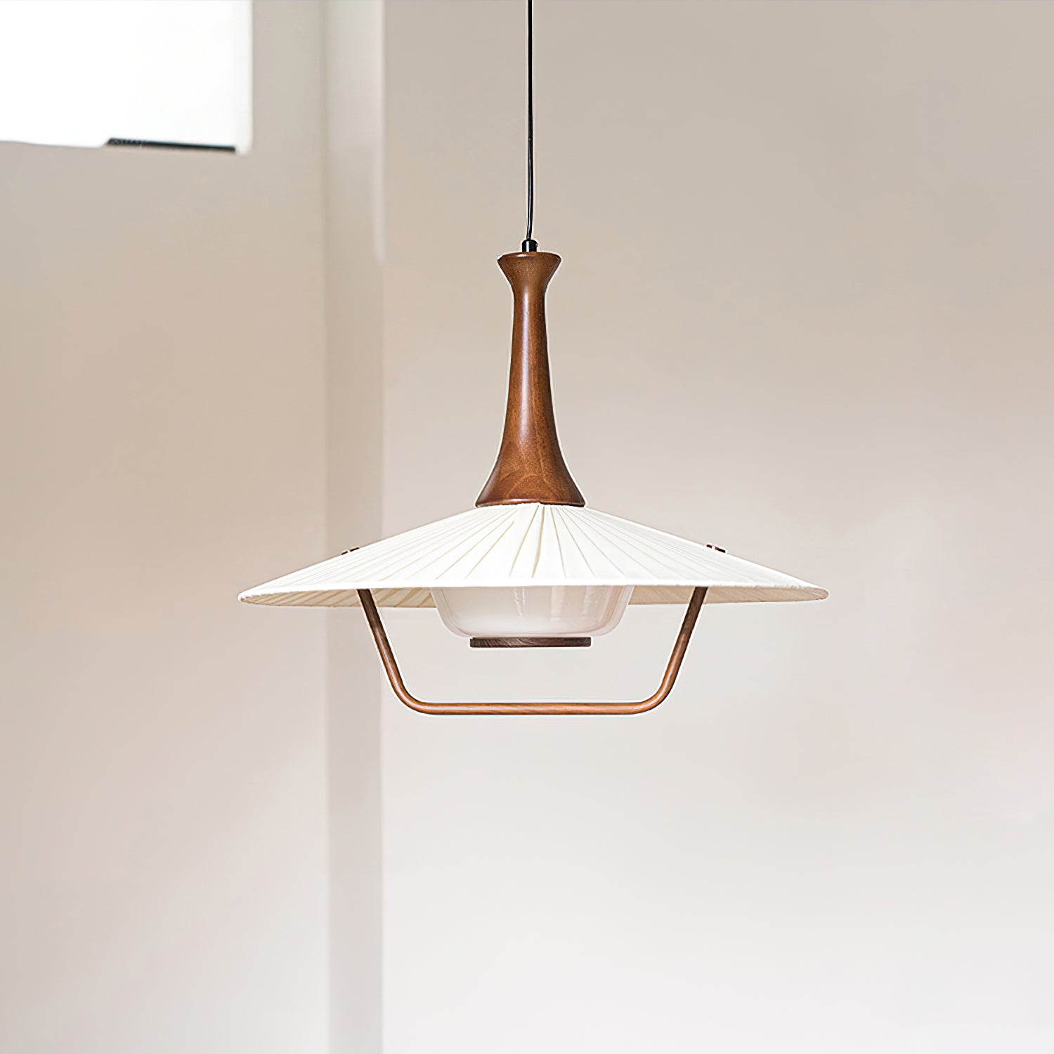 Pendant Lamp With Fabric Shade in Mid-Century Wood and White