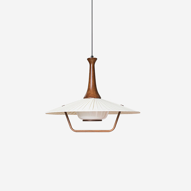 Pendant Lamp With Fabric Shade in Mid-Century Wood and White