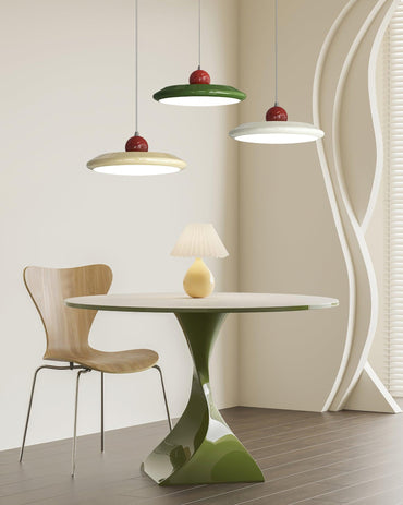 White Disc Shade Pendant Lamp With Integrated Led Green Trim