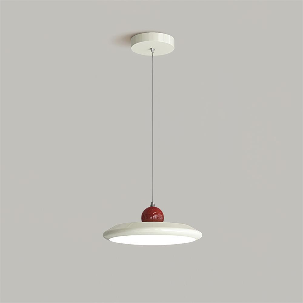 White Disc Shade Pendant Lamp With Integrated Led Green Trim