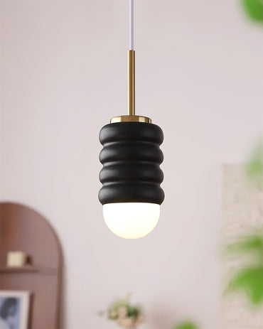 Ambient Glow Midcentury Ribbed Brass Ceramic Pendant Light