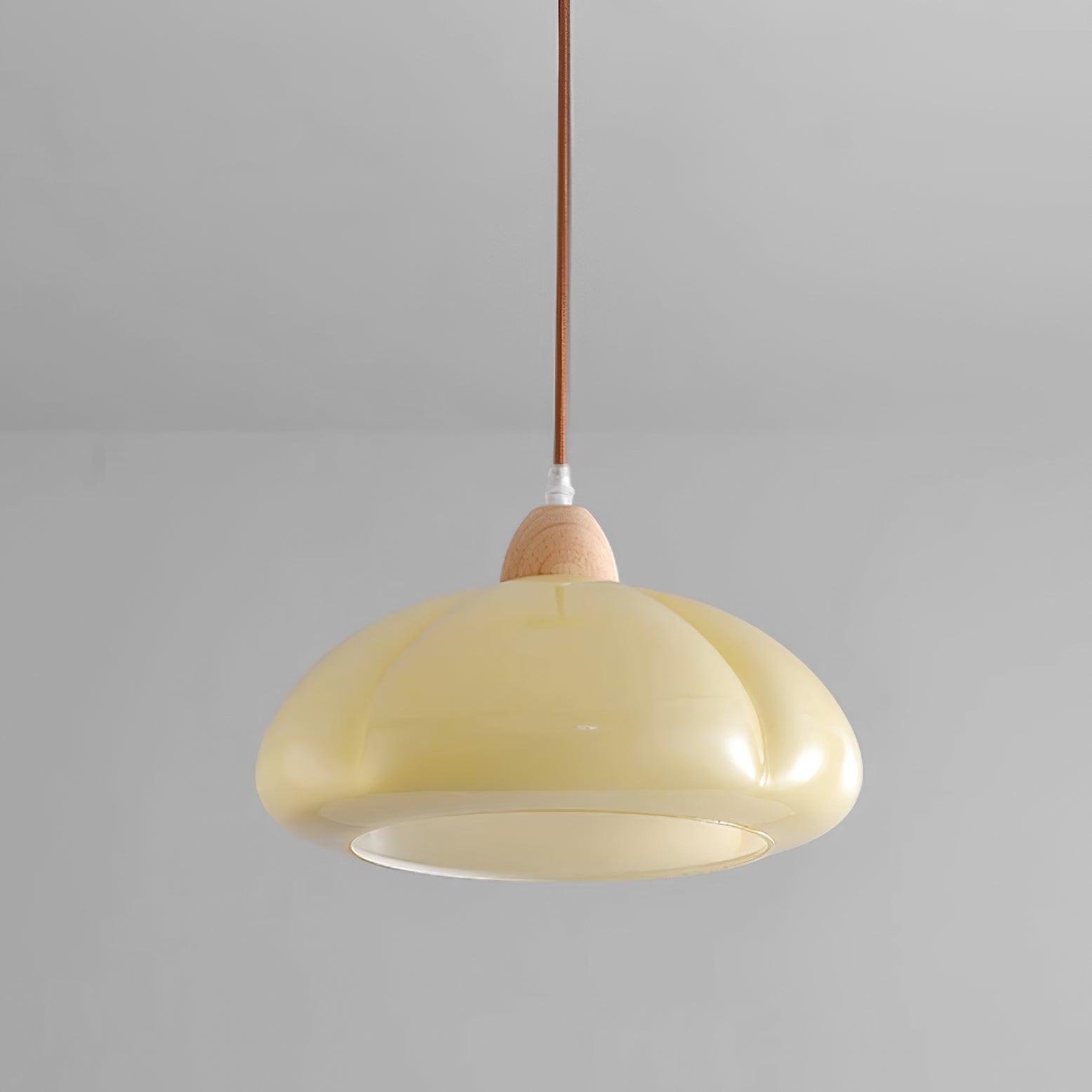 Modern Look Wood Accent Round Glass Shade Pendant Lamp