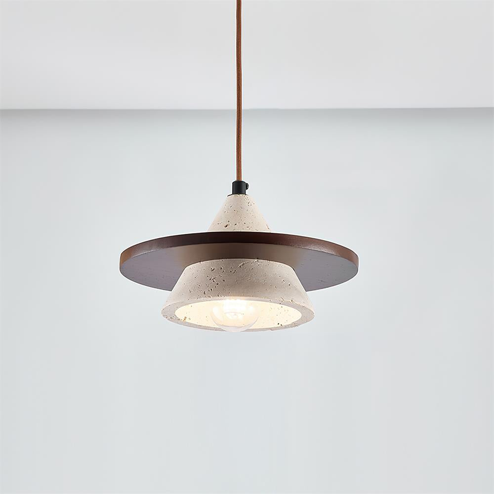 Wooden Disc Diffuser With Travertine Stone Pendant Light