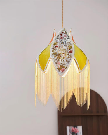 Bohemian Gold Accented Pendant Lamp With Floral Shade