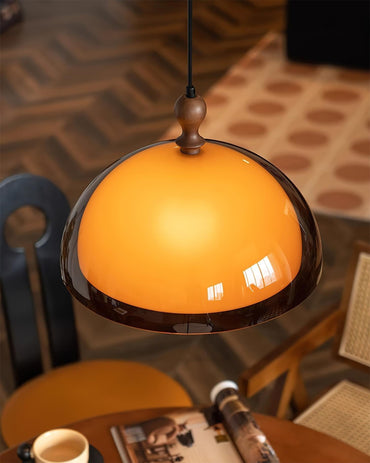 Pendant Lamp With Warm Glow Amber Glass Walnut Wood