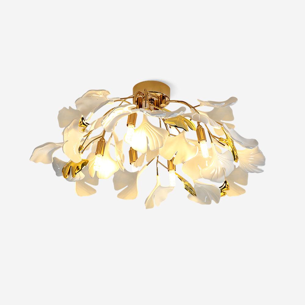Frosted Glass Leaves And Gold Base Ginkgo Bloom Ceiling Light