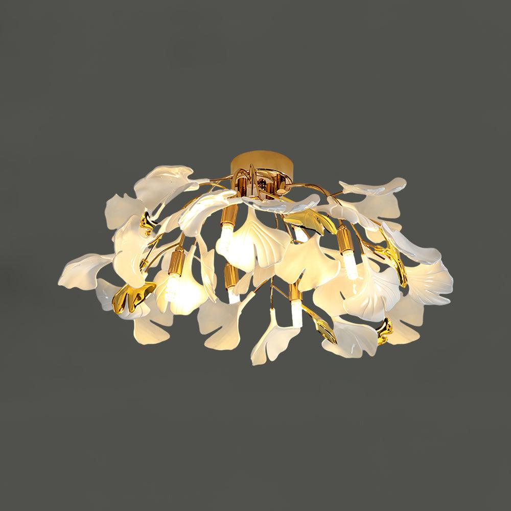 Frosted Glass Leaves And Gold Base Ginkgo Bloom Ceiling Light