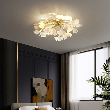 Frosted Glass Leaves And Gold Base Ginkgo Bloom Ceiling Light