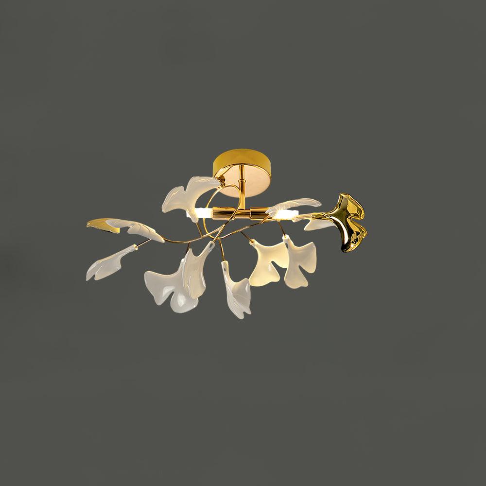 Frosted Glass Leaves And Gold Base Ginkgo Bloom Ceiling Light