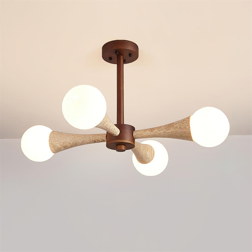 Ceiling Light Branching Travertine Arm Flush Mount With Opal Glass