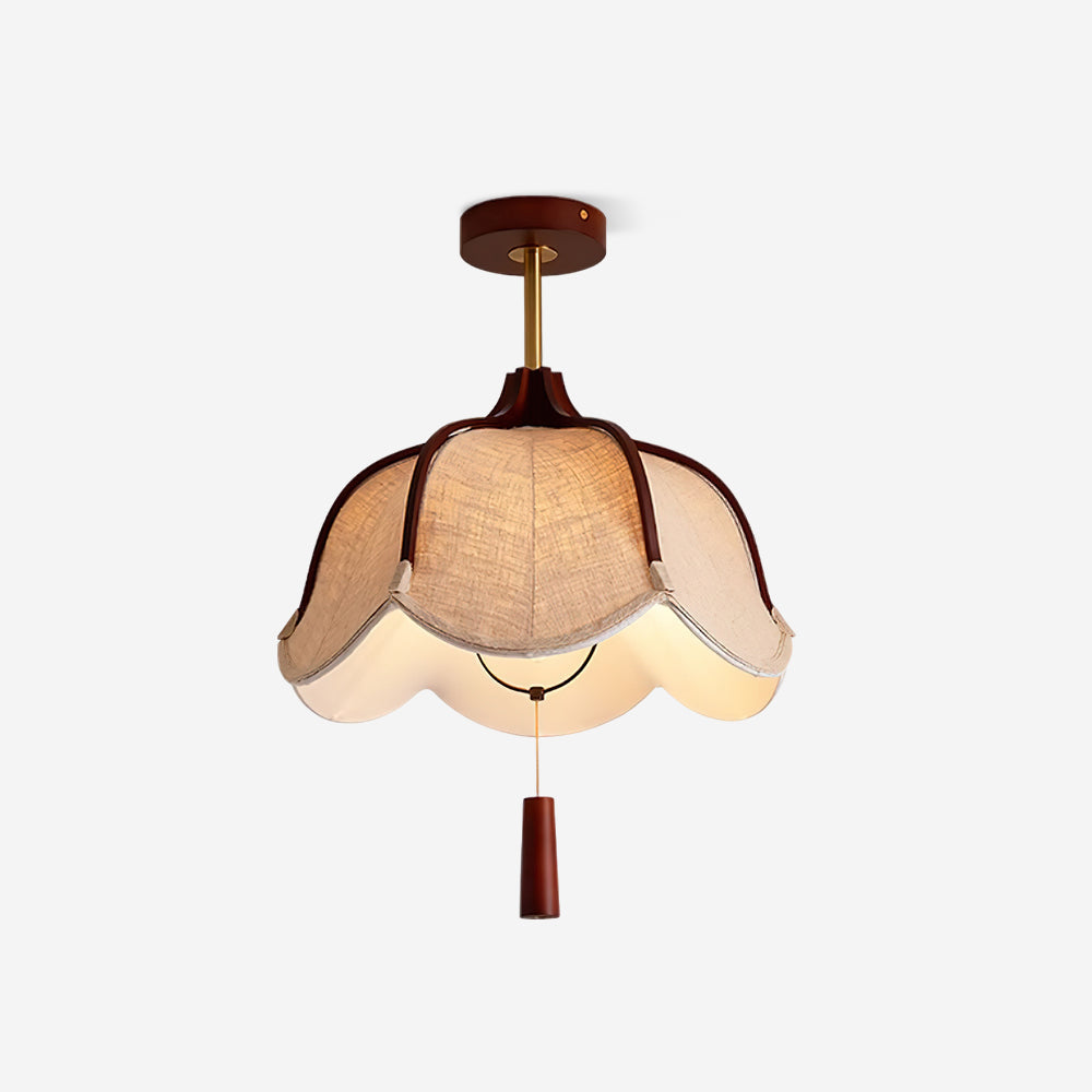 Walnut Wood Canopy Vintage Fabric Semi Flush Mount Ceiling Light