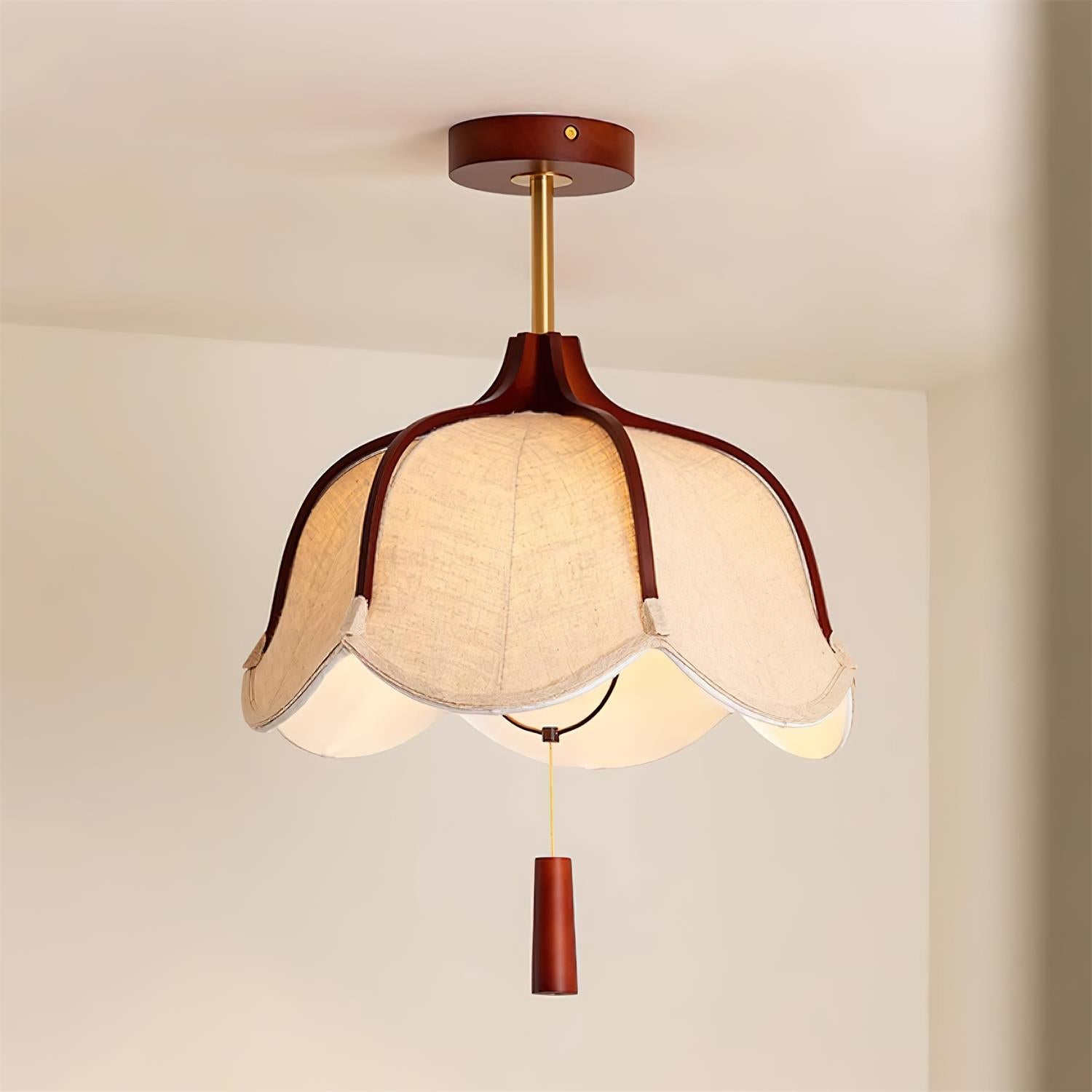 Walnut Wood Canopy Vintage Fabric Semi Flush Mount Ceiling Light