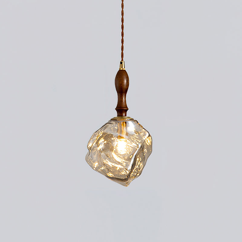 Dimmer Compatible Pendant Light Glass Cube Wood Walnut