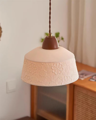 Ceramic Shade and Walnut Wood Drum Pendant Lamp With Soft Glow