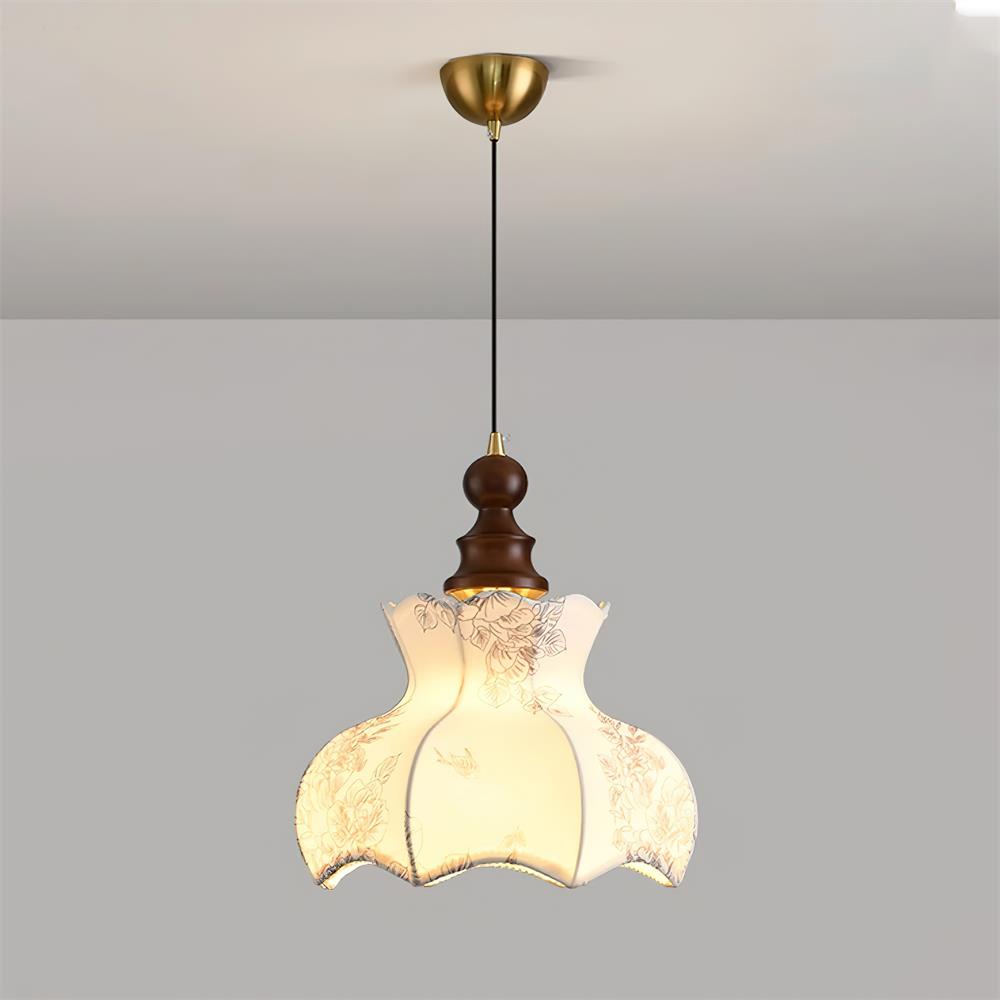 Pendant Lamp With Floral Shade Elegant Wood And Metal