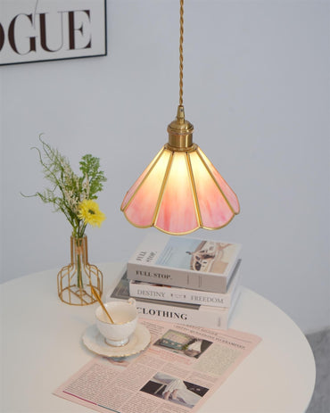 Dimmable Pink Stained Glass Pendant Light With Brass Finish
