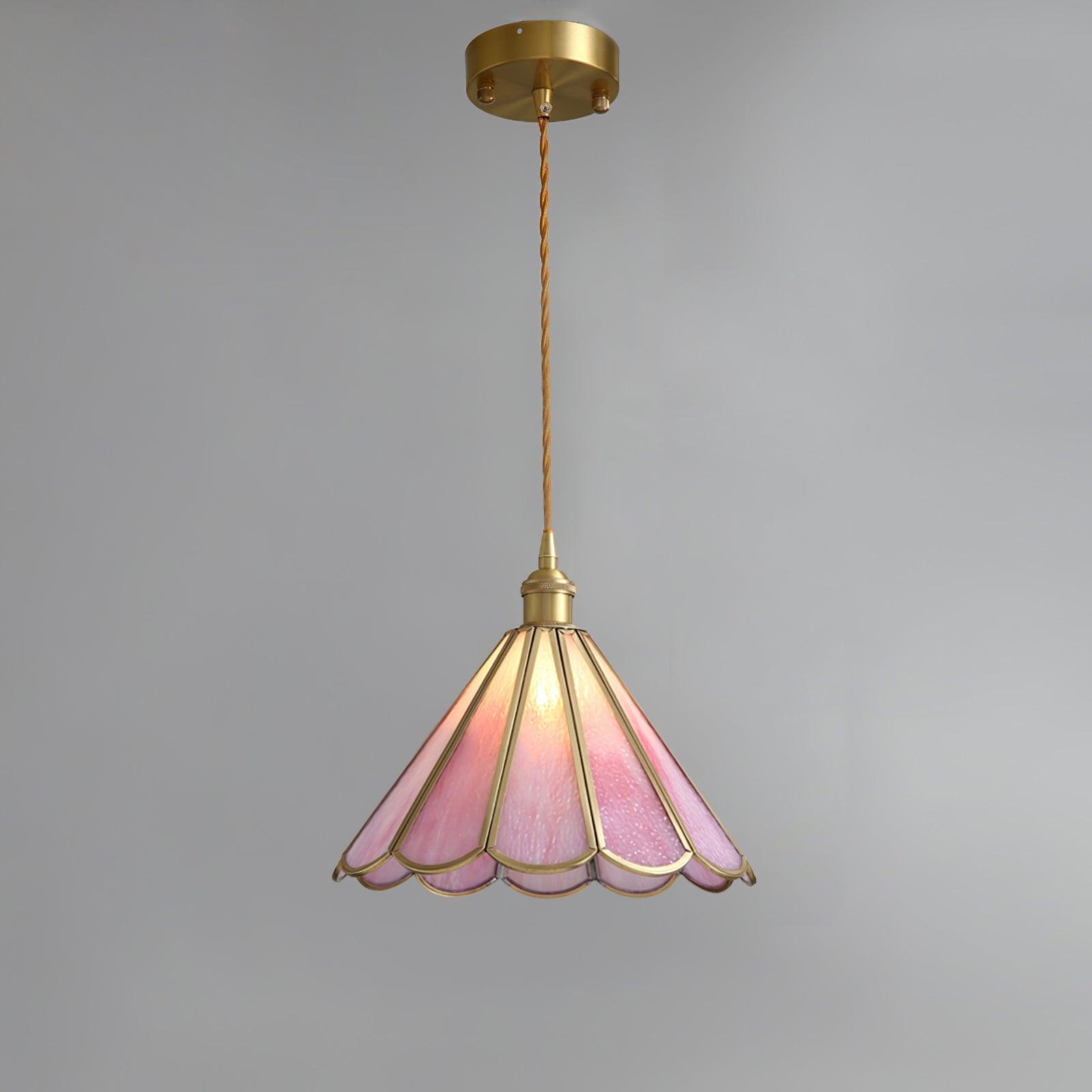 Dimmable Pink Stained Glass Pendant Light With Brass Finish