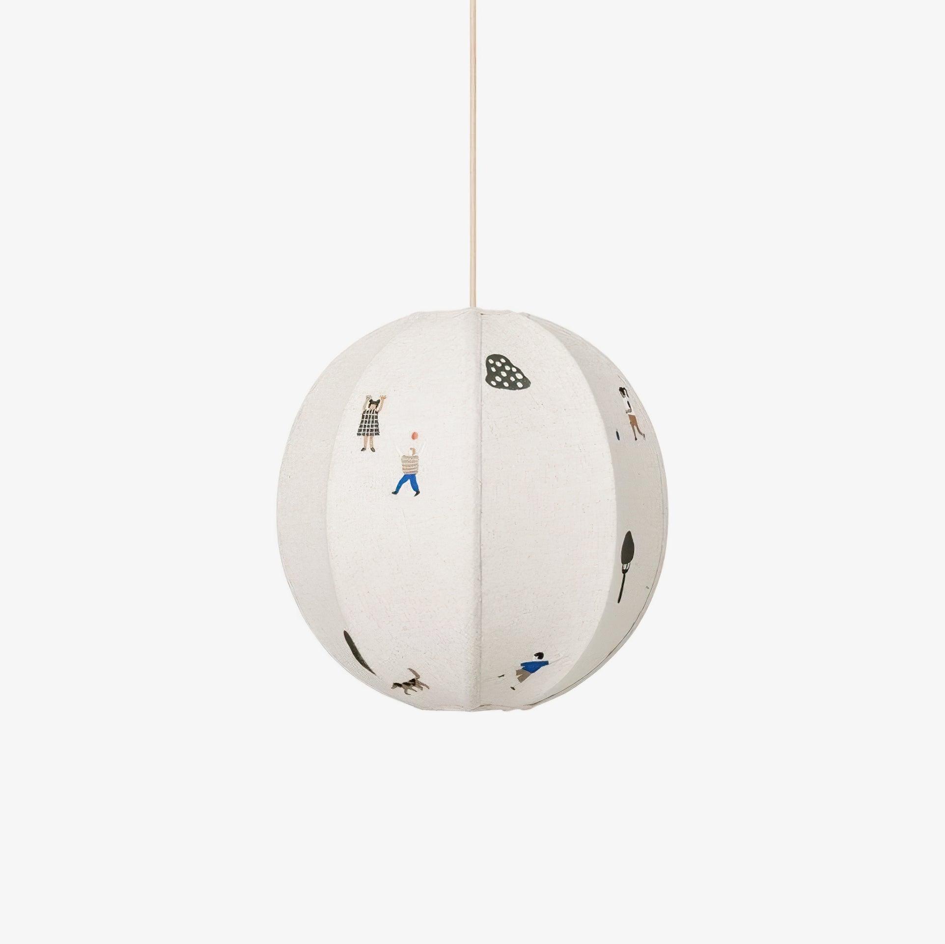 Cotton Embroidered Park Scene With Paper Ball Pendant Light