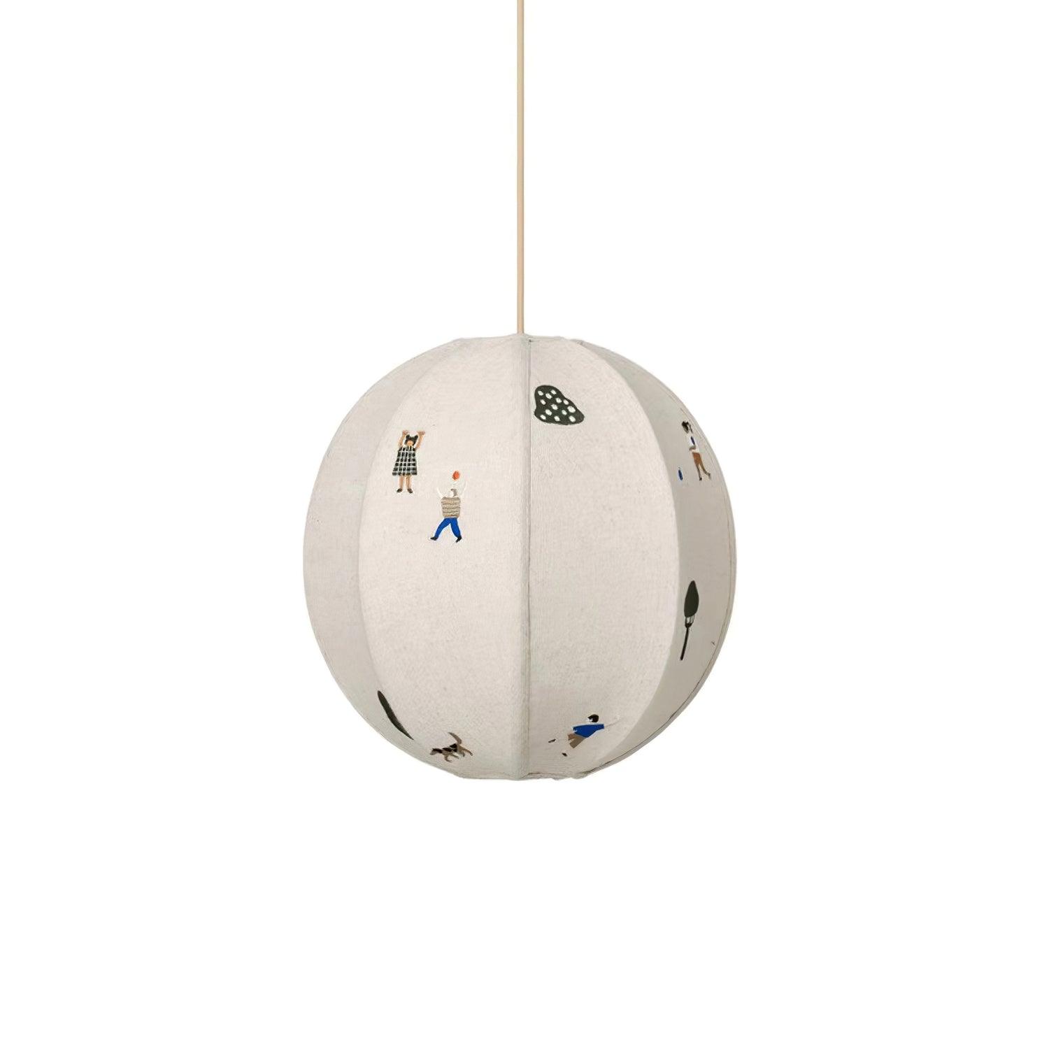 Cotton Embroidered Park Scene With Paper Ball Pendant Light