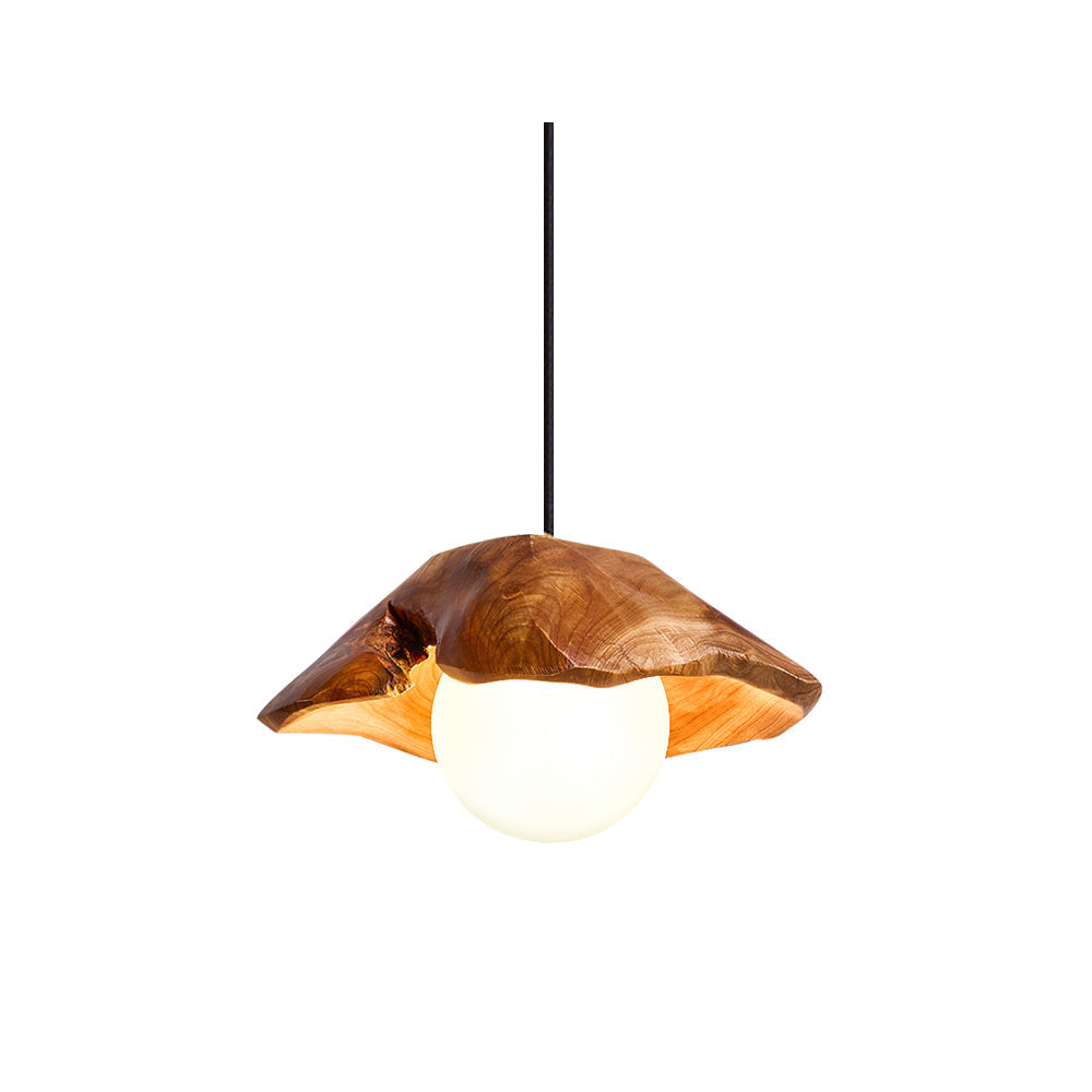 Pendant Light Glass Globe With Sculpted Wood