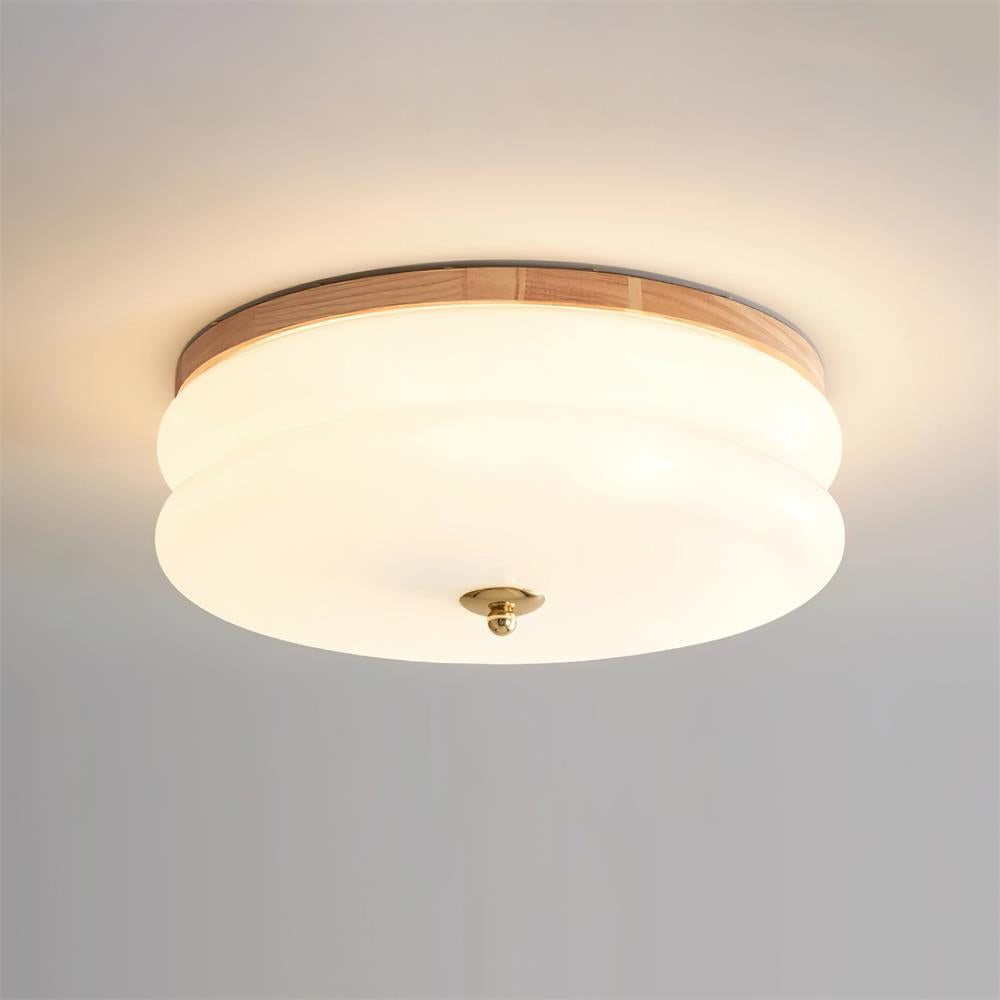 Integrated Led Double Layer Ceiling Light With Glass Disc Walnut Wood