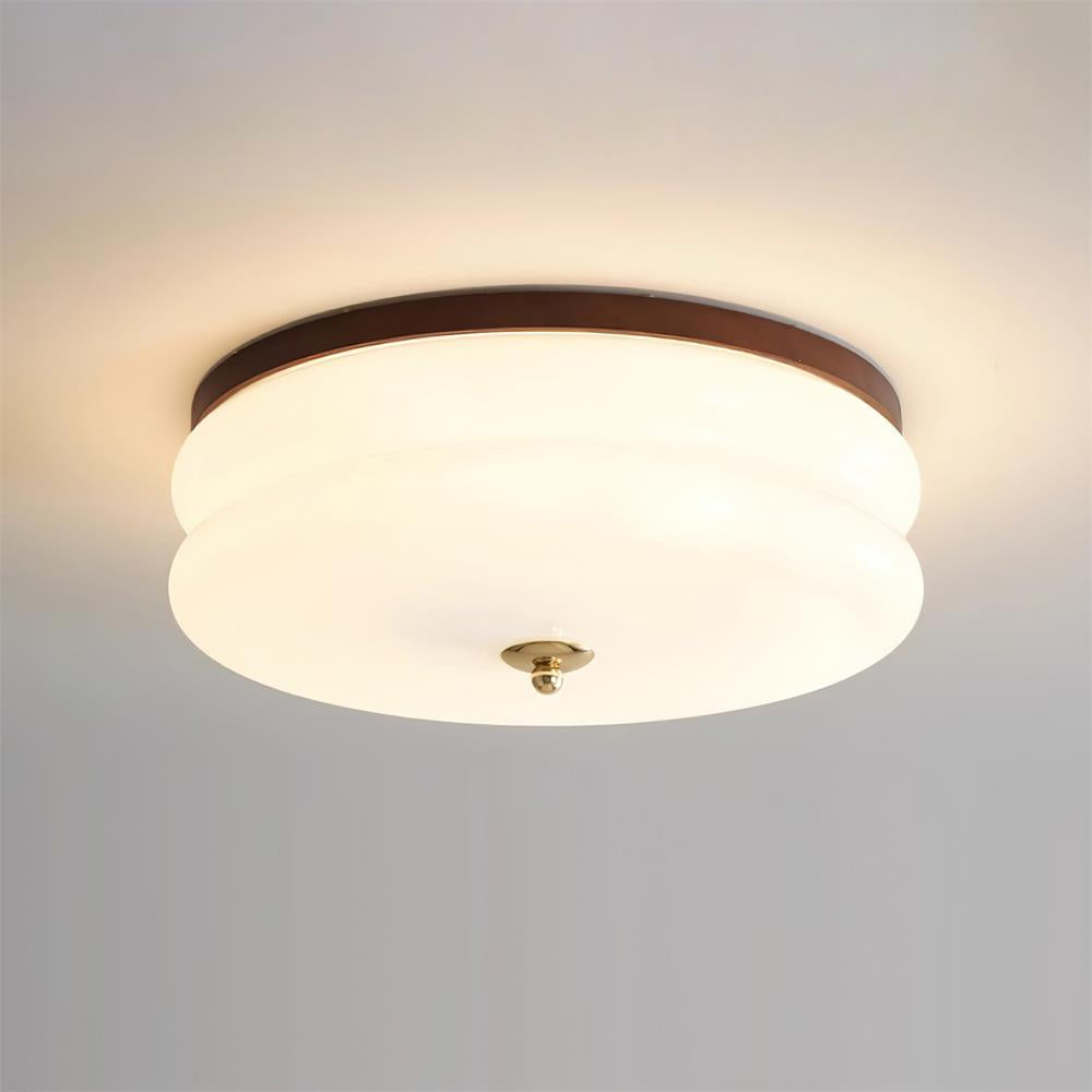Integrated Led Double Layer Ceiling Light With Glass Disc Walnut Wood