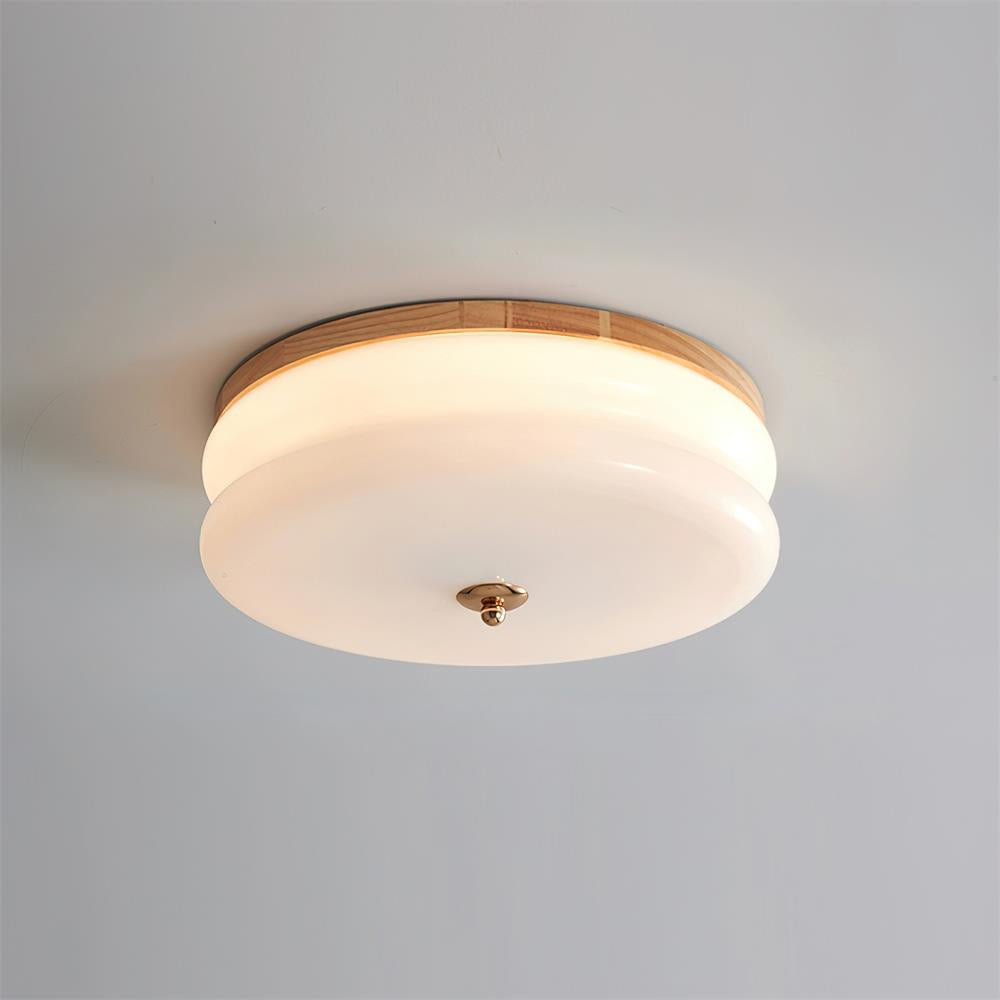 Integrated Led Double Layer Ceiling Light With Glass Disc Walnut Wood