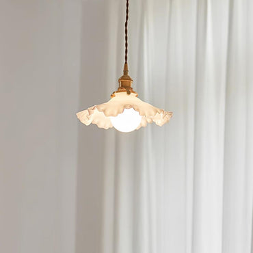 Glass Ruffle Shade Brass Pendant Lamp With Warm Glow