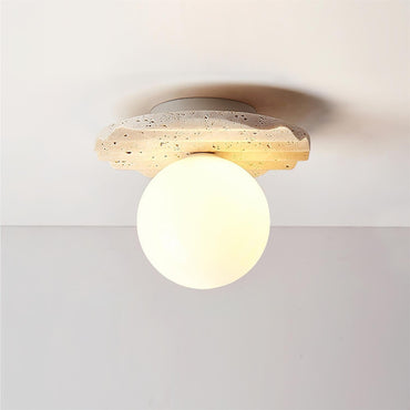 Sculpted Base And Glass Diffuser Travertine Stone Ceiling Light