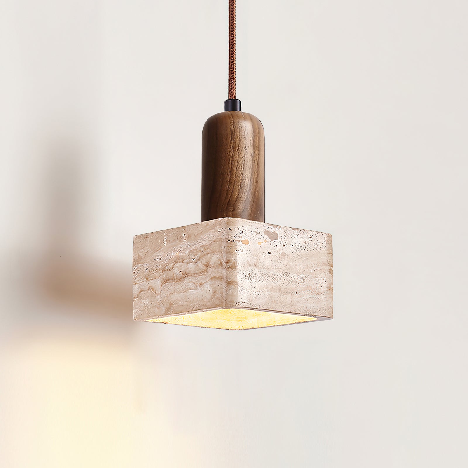 Square Travertine and Wood Pendant Light