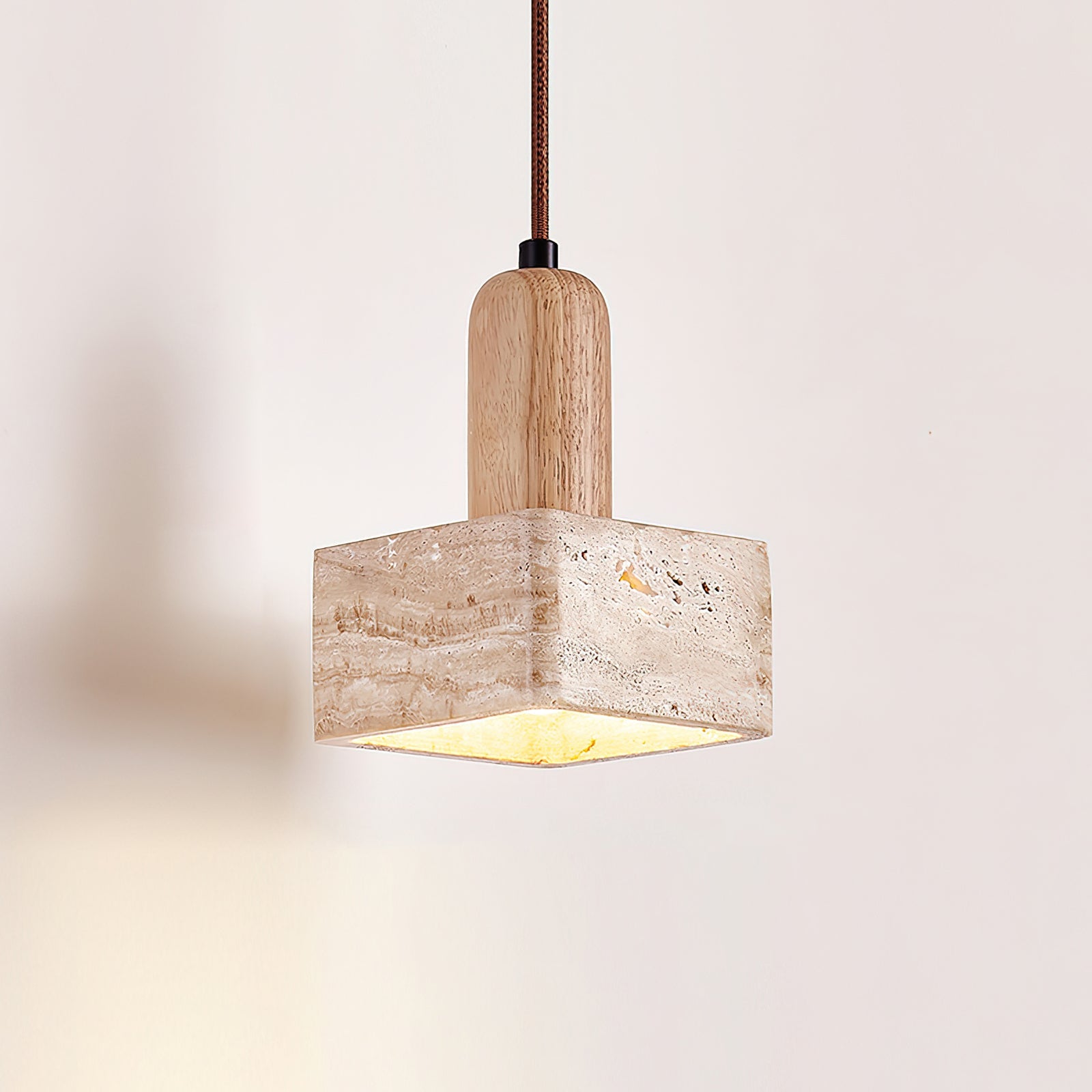 Square Travertine and Wood Pendant Light