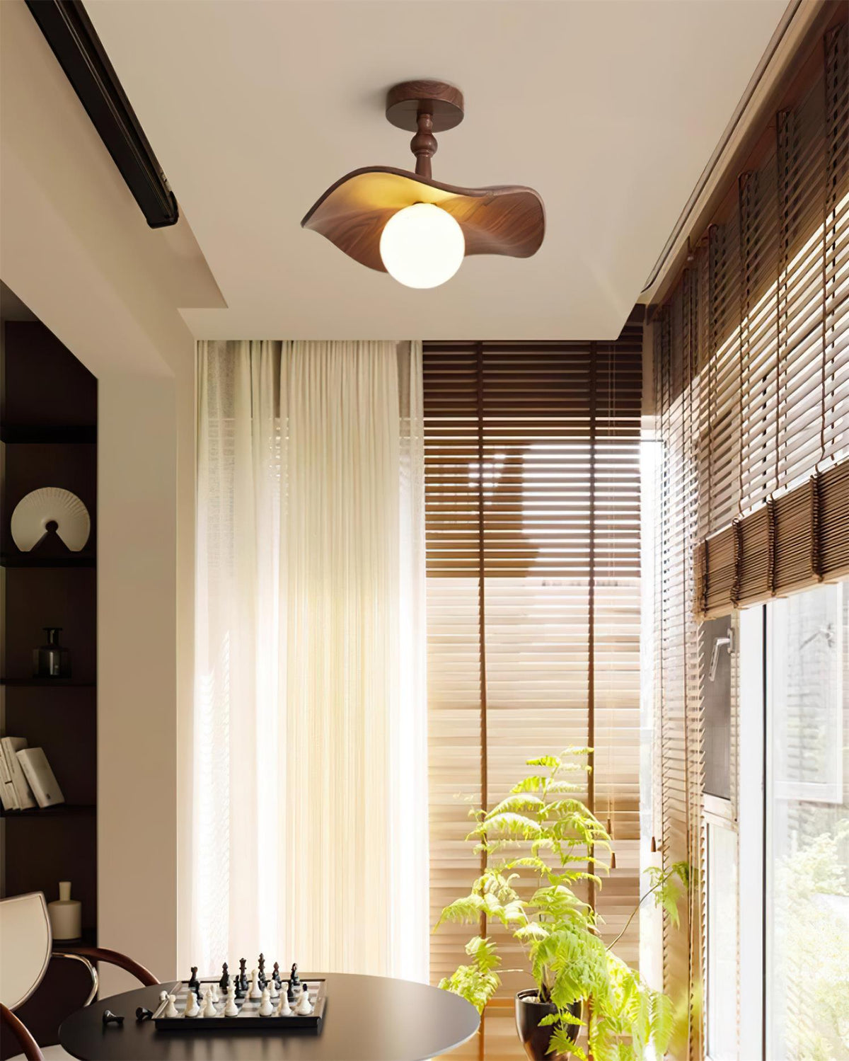 Beige Glass Shade Semi Flush Walnut Wood Ceiling Light Dimmable