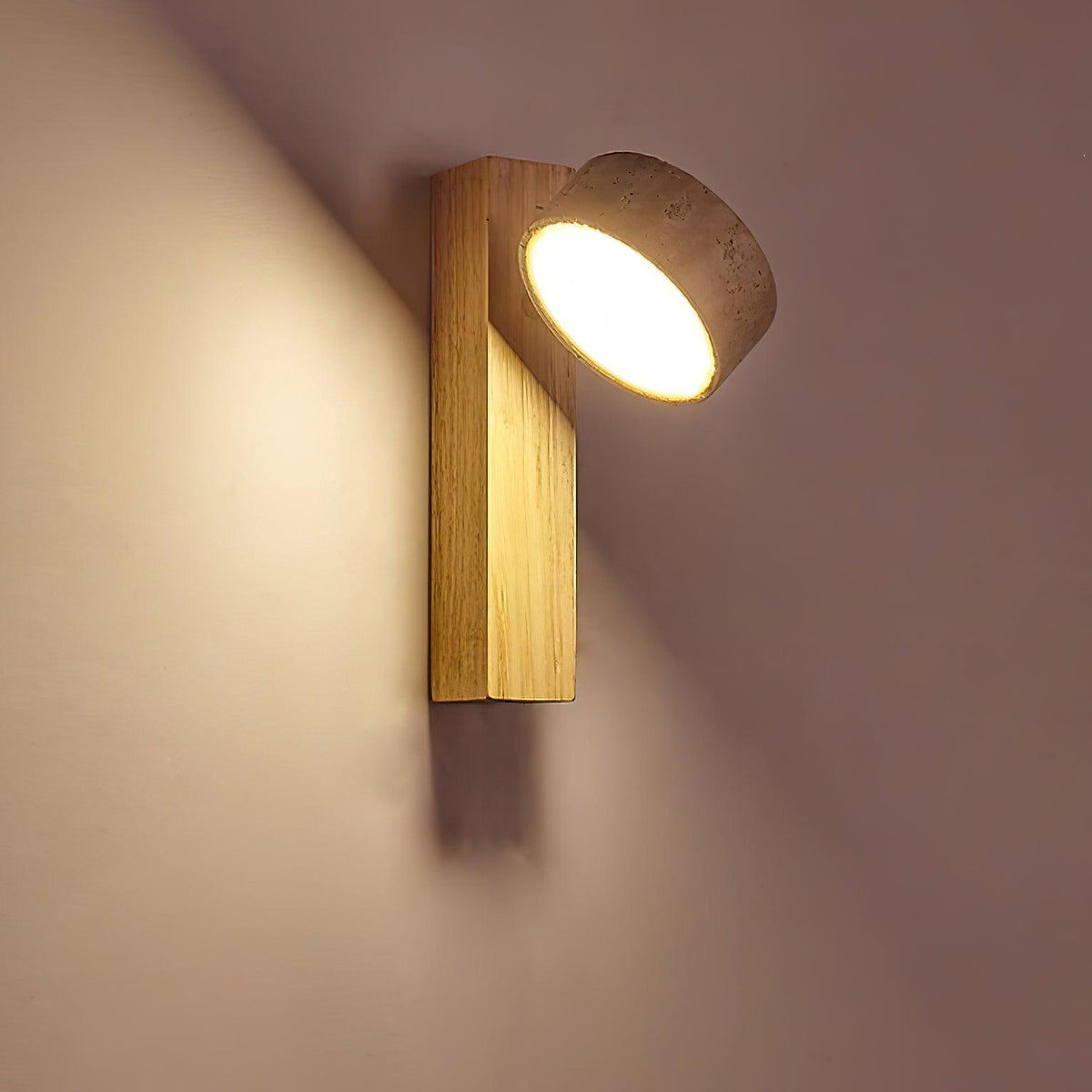Wall Light With Yellow Travertine Shade And Tilted Wood Beam