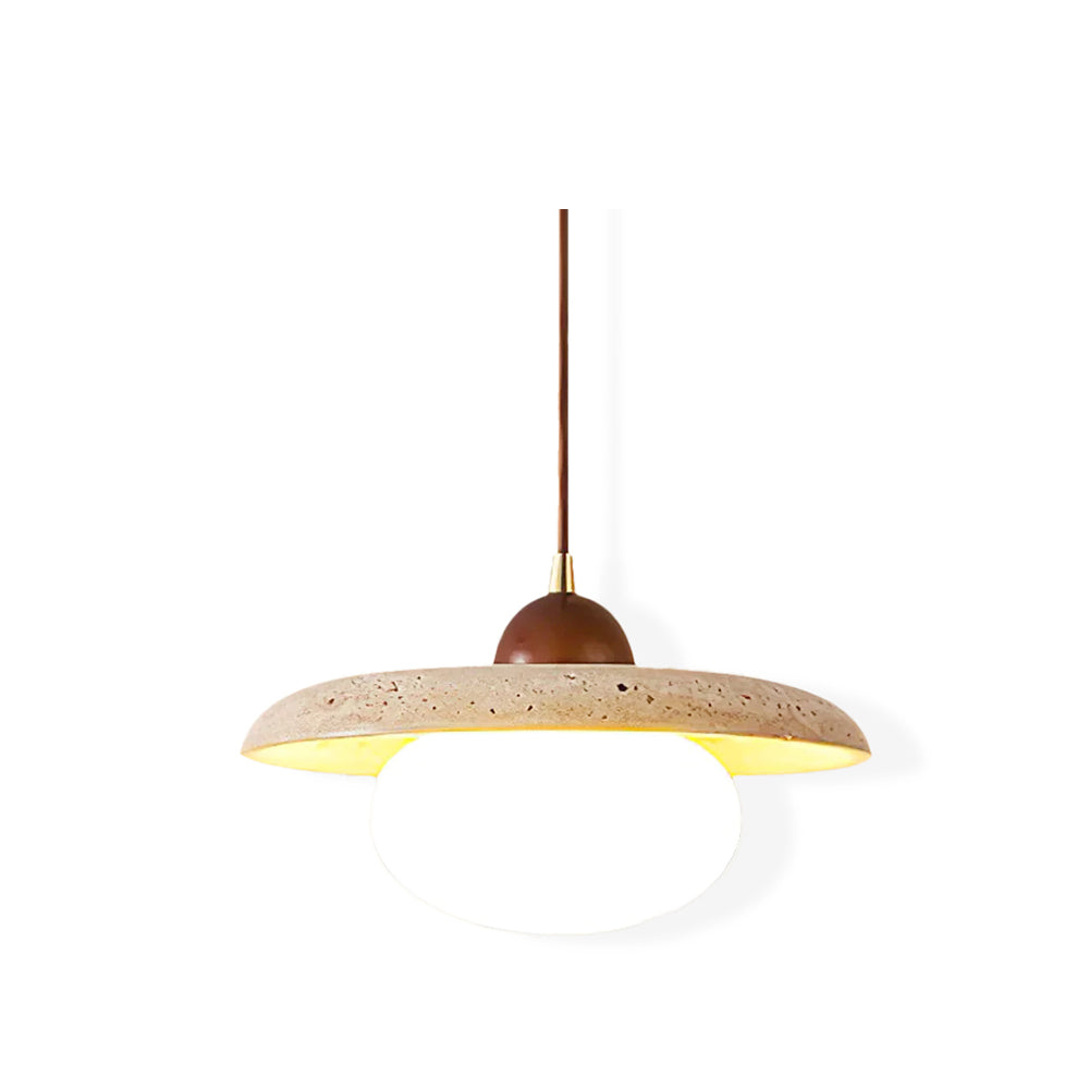 Warm Glow Pendant Light With Oak Accents And Travertine