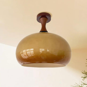 Bathroom Damp Rated Ceiling Light Amber Glass And Walnut Wood