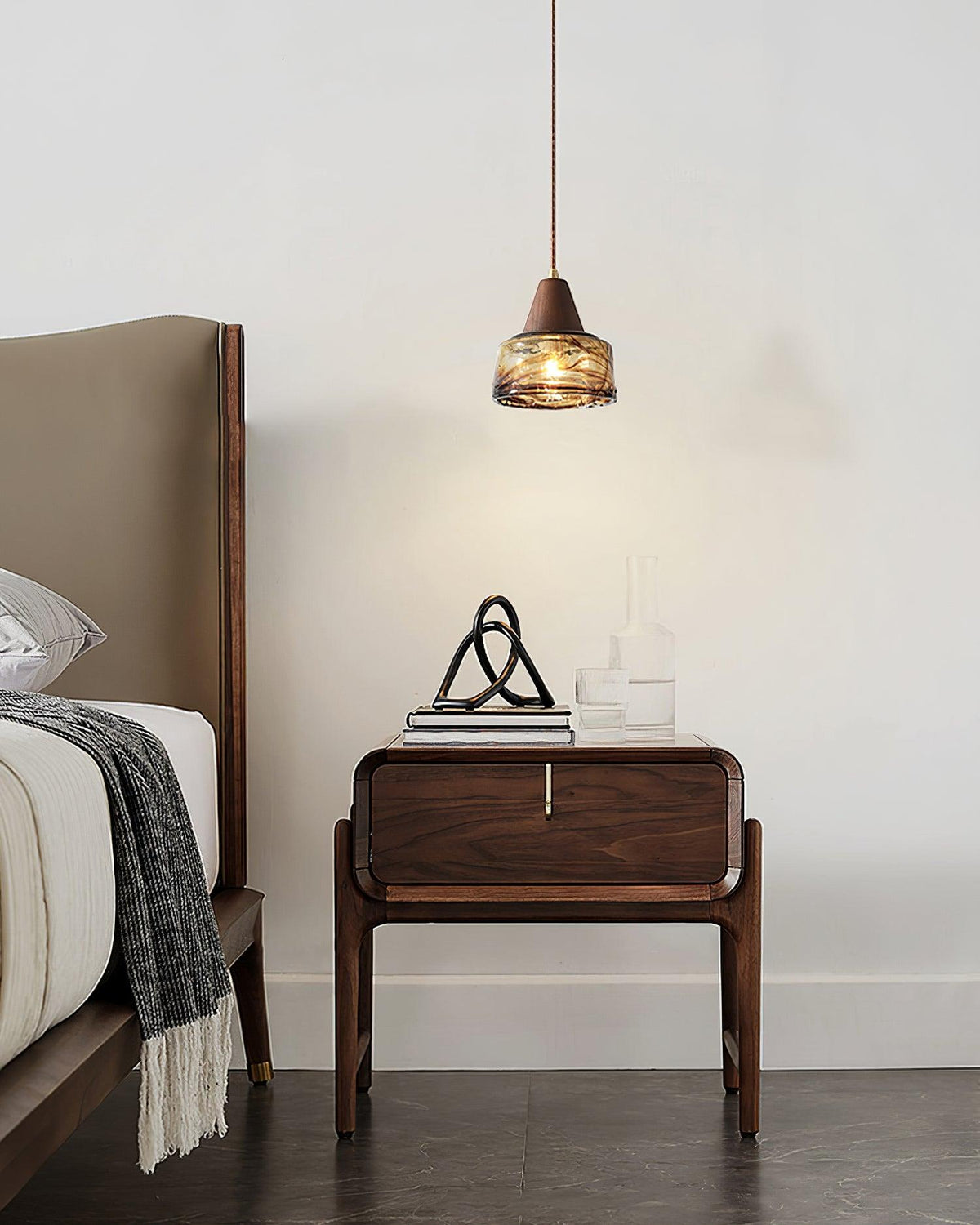 Amber Glass Shade Pendant Lamp With Wood Top For Warm Glow